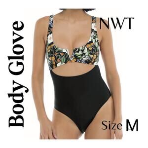 Body Glove Swimsuit One Piece Medium Eli Inflorescence Black Floral Cut-Out NEW